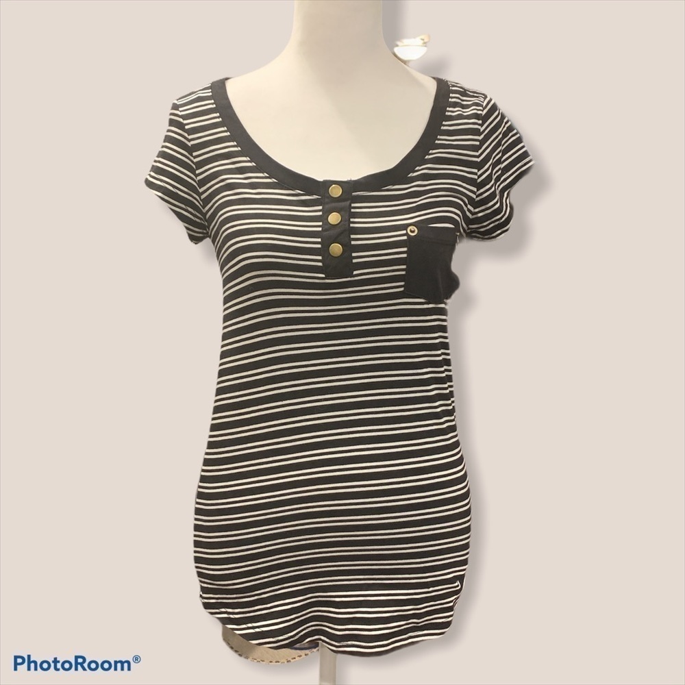 Splash Womens Black White Striped Henley Short Sleeve Pocket T-Shirt Size M